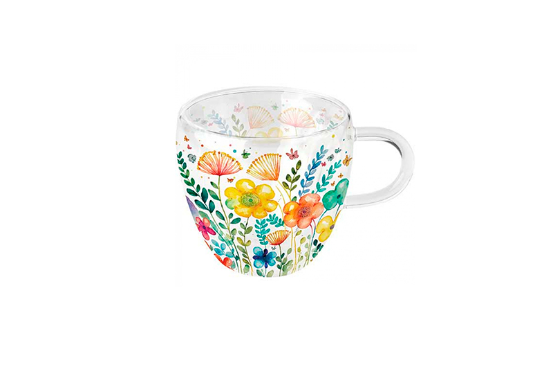 Mug Vidrio Doble Pared Flores Primavera